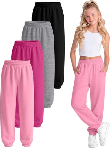 4 Pack Girls Sweatpants Jogger Pants Lightweight Casual Yoga Athletic Elastic Waist with Pocket Kids 5-14y in Saudi Arabia