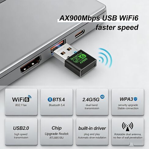 محول USB WiFi 6 للكمبيوتر المحمول أو الكمبيوتر المكتبي، نطاق مزدوج 900 ميجابت في الثانية 2.4/5 جيجا هرتز مع BT 5.4، Windows 11/10 بدون سائق، إعادة توصيل 7 أجهزة بلوتوث في وقت واحد، توصيل وتشغيل صغير الحجم in Kuwait