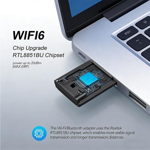 محول USB WiFi 6 للكمبيوتر المحمول أو الكمبيوتر المكتبي، نطاق مزدوج 900 ميجابت في الثانية 2.4/5 جيجا هرتز مع BT 5.4، Windows 11/10 بدون سائق، إعادة توصيل 7 أجهزة بلوتوث في وقت واحد، توصيل وتشغيل صغير الحجم in Kuwait