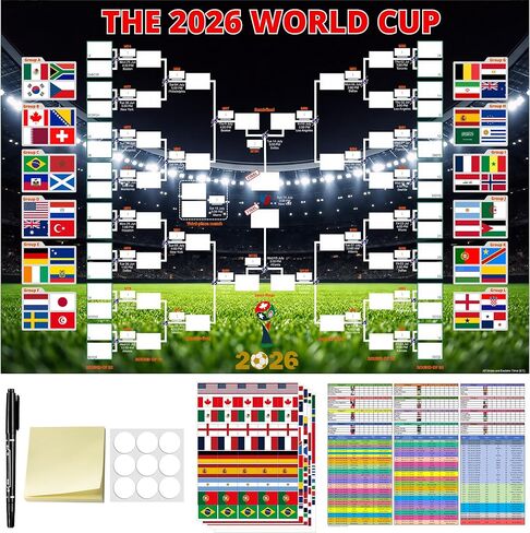 2026 World Cup Schedule Poster - 33.5x23.6 Inch Includes A3 Schedule & 64 Team Flag Stickers Large Soccer Schedule World Cup 2026 Merchandise Wall Chart for Game-day Planning Track Matches in Saudi Arabia