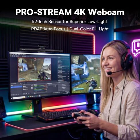 4K Webcam with Ring Light & Microphone, 4K Ultra HD Streaming Camera, Built-in Dual Noise-Canceling Mics, Auto Light Correction, for Zoom/Skype/Teams/YouTube/Twitch, Plug & Play, for PC in Saudi Arabia