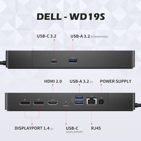 قاعدة إرساء WD19S Dell، قاعدة أداء WD19S، محول طاقة 180 وات + توصيل طاقة 130 وات، دعم شاشة مزدوجة/ثلاثية وشاشات 4K، مع كابل Fkafusion Tech HDMI وDP، جديد - ضمان لمدة 3 سنوات in Kuwait