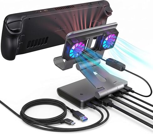 محطة إرساء ألعاب 6 في 1، مروحة تبريد مدمجة وإضاءة RGB، HDMI 4K@60 هرتز، جيجابت إيثرنت، شحن PD بقوة 100 وات، حامل قابل للتعديل، قاعدة محمولة لسطح البخار، ROG Ally، Legion Go in Kuwait