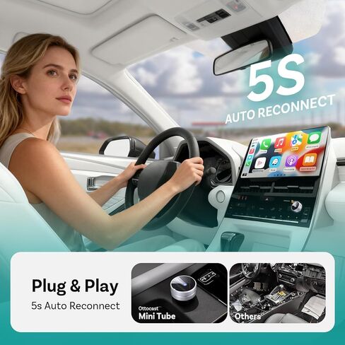 OTTOCAST Mini Tube 2026 Wireless CarPlay & Android Auto Adapter, 5GHz WiFi Auto Connect, Plug & Play for iPhone & Android, Stable Performance, Premium Aluminum Design in Saudi Arabia