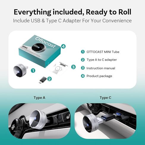 OTTOCAST Mini Tube 2026 Wireless CarPlay & Android Auto Adapter, 5GHz WiFi Auto Connect, Plug & Play for iPhone & Android, Stable Performance, Premium Aluminum Design in Saudi Arabia
