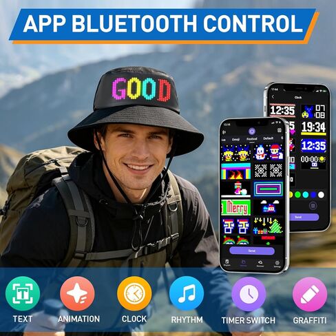 LED Bucket Hat for Men Women Fishing Hat, UV Protection Sun Hat,Black LED Hat,Rechargeable, APP Programming DIY, Trendy Gift,Suitable for Travel Beach Party in Saudi Arabia