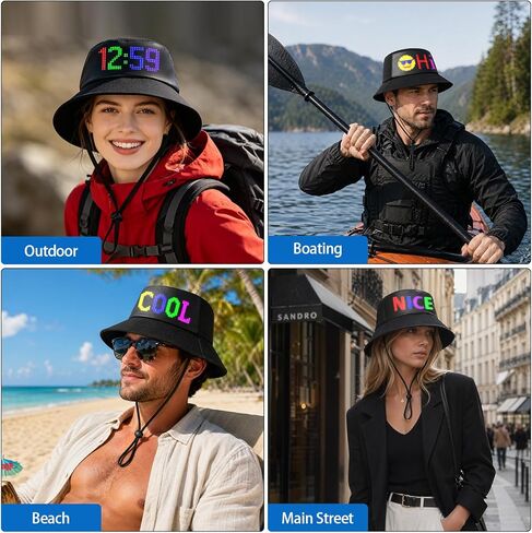 LED Bucket Hat for Men Women Fishing Hat, UV Protection Sun Hat,Black LED Hat,Rechargeable, APP Programming DIY, Trendy Gift,Suitable for Travel Beach Party in Saudi Arabia