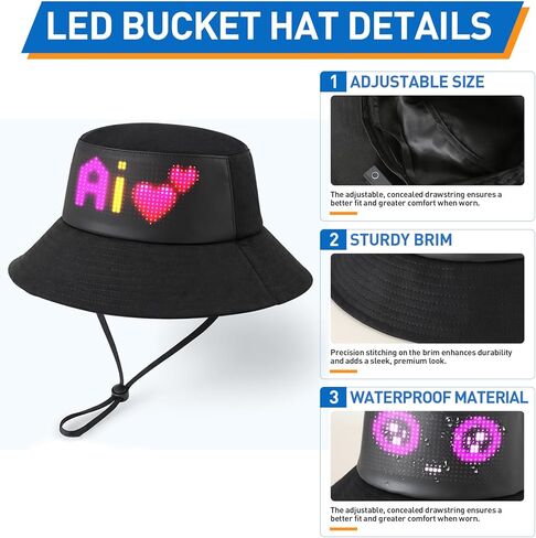 LED Bucket Hat for Men Women Fishing Hat, UV Protection Sun Hat,Black LED Hat,Rechargeable, APP Programming DIY, Trendy Gift,Suitable for Travel Beach Party in Saudi Arabia