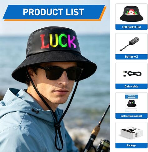 LED Bucket Hat for Men Women Fishing Hat, UV Protection Sun Hat,Black LED Hat,Rechargeable, APP Programming DIY, Trendy Gift,Suitable for Travel Beach Party in Saudi Arabia