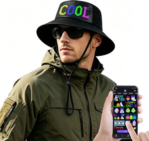 LED Bucket Hat for Men Women Fishing Hat, UV Protection Sun Hat,Black LED Hat,Rechargeable, APP Programming DIY, Trendy Gift,Suitable for Travel Beach Party in Saudi Arabia