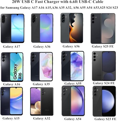 شاحن USB C سريع لهاتف Samsung Galaxy A17 A16 A15 A14، A36 A35 A32، A56 A55 A54 A53، S25 S24 S23، كابل USB-C بطول 6.6 قدم، محول طاقة 20 وات in Kuwait