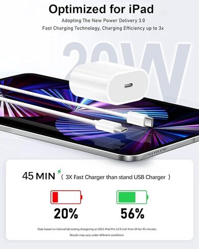 شاحن USB C سريع 20 واط لجهاز iPad Pro 13/12.9/11 بوصة، iPad Air 13/11 بوصة 6/5/4th Generation، iPad 10th Generation، iPad mini 6، كتلة شاحن سريع مع كابل شحن USB C إلى C بطول 6.6 قدم in Kuwait