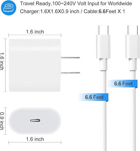 شاحن USB C سريع 20 واط لجهاز iPad Pro 13/12.9/11 بوصة، iPad Air 13/11 بوصة 6/5/4th Generation، iPad 10th Generation، iPad mini 6، كتلة شاحن سريع مع كابل شحن USB C إلى C بطول 6.6 قدم in Kuwait