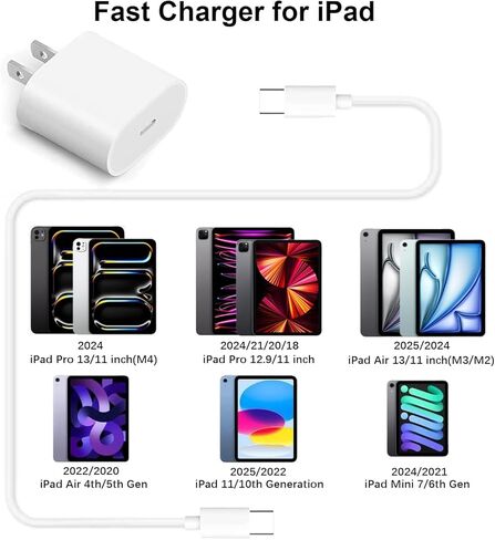 شاحن USB C سريع 20 واط لجهاز iPad Pro 13/12.9/11 بوصة، iPad Air 13/11 بوصة 6/5/4th Generation، iPad 10th Generation، iPad mini 6، كتلة شاحن سريع مع كابل شحن USB C إلى C بطول 6.6 قدم in Kuwait