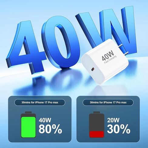 USB C Fast Charger for iPhone 17 16 15 Pro Max Charger Fast Charging,2Pack 40W USB C Wall Charger Block with 4FT + 6FT Type C Cable Cord for iPhone 17/17 Pro/17 Pro Max/Air/16/16 Pro Max/15/15 Plus in Saudi Arabia