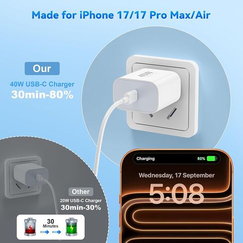 USB C Fast Charger for iPhone 17 16 15 Pro Max Charger Fast Charging,2Pack 40W USB C Wall Charger Block with 4FT + 6FT Type C Cable Cord for iPhone 17/17 Pro/17 Pro Max/Air/16/16 Pro Max/15/15 Plus in Saudi Arabia
