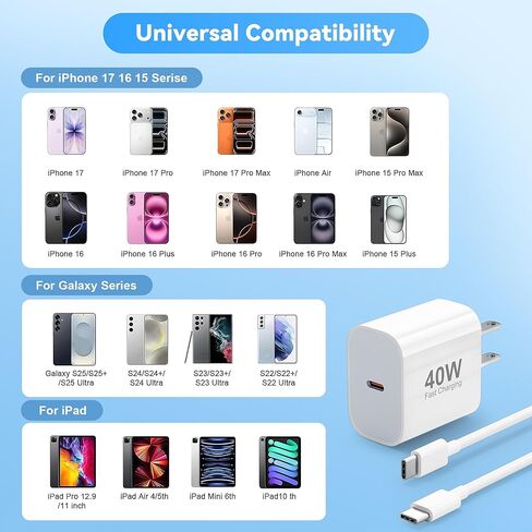 USB C Fast Charger for iPhone 17 16 15 Pro Max Charger Fast Charging,2Pack 40W USB C Wall Charger Block with 4FT + 6FT Type C Cable Cord for iPhone 17/17 Pro/17 Pro Max/Air/16/16 Pro Max/15/15 Plus in Saudi Arabia