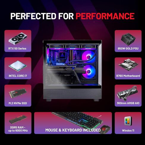 Skytech Azure Gaming PC سطح مكتب ، Intel I7 14700F 2.1 GHz (5.3GHz Turbo) ، NVIDIA RTX 5070 12GB ، 1TB Gen4 NVME SSD ، 32GB DDR5 RAM 6000 RGB ، 850W GOLD PSU ، 360MM ARGB AIO ، WI-FI ، WIN 11 in Kuwait