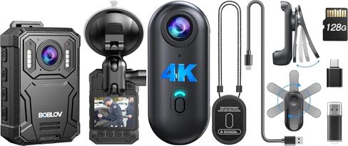 BOBLOV KJ23Pro 2K Body Cam, 128GB with Night Vision and W4 4K Mini Body Camera, Wearable Camera with 360°Rotatable Clip & Magnetic Clip in Saudi Arabia