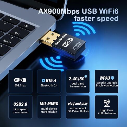 محول واي فاي USB، واي فاي وبلوتوث 2 في 1 محول واي فاي للكمبيوتر المكتبي، شبكة لاسلكية 900 ميجا بايت في الثانية بنطاق مزدوج 2.4 جيجا هرتز/5 جيجا هرتز، التوصيل والتشغيل، متوافق مع الكمبيوتر الشخصي/الكمبيوتر المحمول/سطح المكتب، يدعم Win10/11 in Kuwait