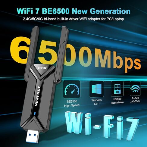 محول NEWFAST BE6500 USB WiFi 7 للكمبيوتر المكتبي NF-U373، محول شبكة لاسلكي ثلاثي النطاق بسرعة 6 جيجا هرتز، 2 × هوائيات عالية الكسب، 4K-QAM، 160 ميجا هرتز، WPA3، دونجل WiFi لاسلكي يدعم Windows 11/10 in Kuwait