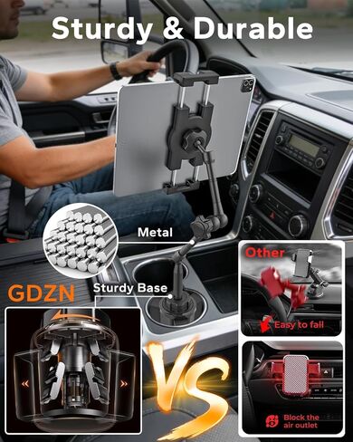GDZN Car Cup Holder Tablet Mount, 16.5" Height Aluminum Arm with 360° Full Range Rotation, Cup Holder Tablet Holder for Pickup Truck SUV RV, Fits 4.7-15.6" iPad Pro, Air Mini, Galaxy Tab, Phones in Saudi Arabia