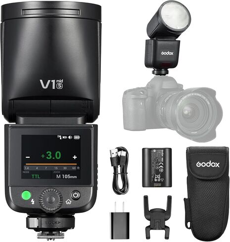 Godox V1 Mid F TTL Round Head Speedlite لـ Fujifilm - فلاش سفر خفيف الوزن، شاشة تعمل باللمس، 55Ws، إعادة تدوير 1.7s، HSS 1/8000s، 650+ Pops كاملة الطاقة، USB-C، AK-R1 مغناطيسي (X-T5 X-H2S X-T50) in Kuwait