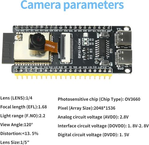 3 قطع لوحة تطوير ESP32-S3-CAM مع كاميرا OV3660، وحدة ESP32-S3-WROOM N16R8 مع واجهة مزدوجة من النوع C تدعم Wi-Fi وBluetooth MCU Microcontroller لإنترنت الأشياء، DIY ومشروع الذكاء الاصطناعي in Kuwait