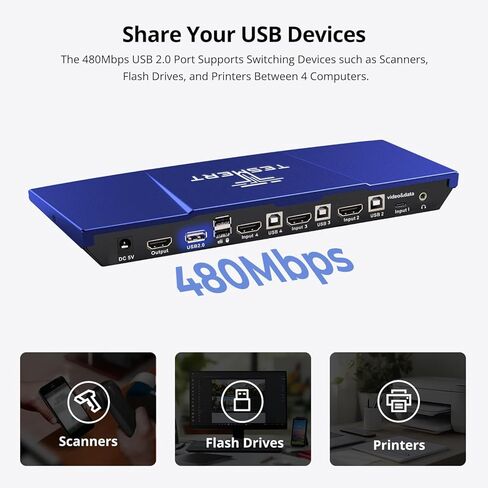 USB-C HDMI KVM Switch 1 شاشة 4 أجهزة كمبيوتر، 4K @ 60 هرتز KVM مفاتيح لـ 4 أجهزة كمبيوتر مشاركة لوحة مفاتيح الماوس، مع EDID L/R out HDR10 Dolby Vision USB Auto Scan IR Hotkey Switch، يتضمن الكابلات in Kuwait