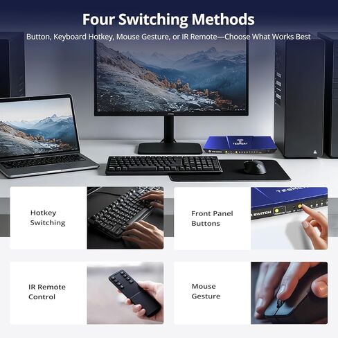 USB-C HDMI KVM Switch 1 شاشة 4 أجهزة كمبيوتر، 4K @ 60 هرتز KVM مفاتيح لـ 4 أجهزة كمبيوتر مشاركة لوحة مفاتيح الماوس، مع EDID L/R out HDR10 Dolby Vision USB Auto Scan IR Hotkey Switch، يتضمن الكابلات in Kuwait