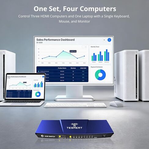 USB-C HDMI KVM Switch 1 شاشة 4 أجهزة كمبيوتر، 4K @ 60 هرتز KVM مفاتيح لـ 4 أجهزة كمبيوتر مشاركة لوحة مفاتيح الماوس، مع EDID L/R out HDR10 Dolby Vision USB Auto Scan IR Hotkey Switch، يتضمن الكابلات in Kuwait