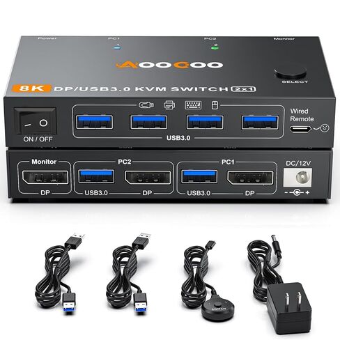 DP KVM Switch 2 كمبيوتر 1 شاشة، 8K@60 هرتز/4K@240 هرتز Displayport KVM Switch لـ 2 PC Share 1 شاشة وأجهزة USB3.0، مع كابلات USB ووحدة تحكم ومحول طاقة (8K DP 2 في 1 خارج 12 سم) in Kuwait