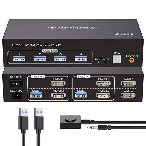 مفتاح KVM 2 شاشتين 2 جهاز كمبيوتر 4K60 هرتز HDMI شاشة مزدوجة مفاتيح KVM لمشاركة الكمبيوتر المزدوج مجموعة واحدة من طابعة لوحة المفاتيح والماوس وحدة تحكم سلكية 12 فولت 1 أمبير تيار مستمر و2 كابل USB 3.0 متضمن in Kuwait