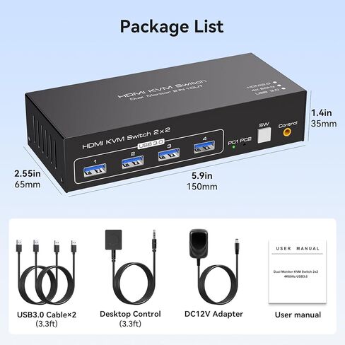 مفتاح KVM 2 شاشتين 2 جهاز كمبيوتر 4K60 هرتز HDMI شاشة مزدوجة مفاتيح KVM لمشاركة الكمبيوتر المزدوج مجموعة واحدة من طابعة لوحة المفاتيح والماوس وحدة تحكم سلكية 12 فولت 1 أمبير تيار مستمر و2 كابل USB 3.0 متضمن in Kuwait