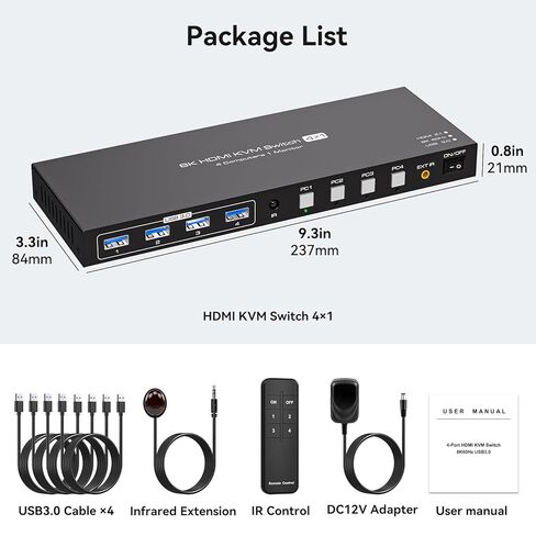 HDMI KVM Switch 1 شاشة 4 أجهزة كمبيوتر 8K 60 هرتز KVM Switches 4 منافذ لـ 4 قطع مشاركة شاشة واحدة وأربعة أجهزة USB مثل طابعة لوحة المفاتيح والماوس وما إلى ذلك. تتضمن الملحقات - 8K in Kuwait