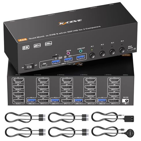 KVM Switch 4 شاشات 4 أجهزة كمبيوتر HDMI + DisplayPort، محول KCEVE DP KVM مع مقبس صوت، 8K@30 هرتز/4k@144 هرتز لـ 4 أجهزة كمبيوتر مشاركة 4 شاشات عرض و4 أجهزة USB 3.0 in Kuwait