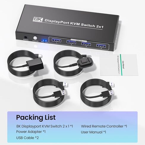 Displayport KVM Switch 1 Monitor 2 Computers, 8K@60Hz 4K@120Hz 2 Port DP KVM Switch with 4 Port USB 3.0 Hub for 2 Computers Share 1 Set of Keyboard, Mouse and 1 Monitor in Saudi Arabia