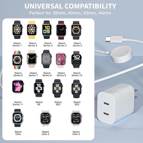 شحن سريع لشاحن ساعة Apple، كتلة شاحن iWatch بمنفذ USB C مزدوج مع كابل شحن سريع مغناطيسي USB C بطول 3.3FT سلك لاسلكي لسلسلة ساعات Apple 11/10/9/8/7/6/5/SE 3/SE 2/SE/Ultra 3 in Kuwait