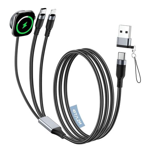 MoKo Travel Essentials for Apple Watch Charger, 3 in 2 Multi Charging Cable, USB C & Lighting & Watch Charge Cord Compatible with iPhone17/16/15 & iPad/iWatch Series, 4FT, Black in Saudi Arabia