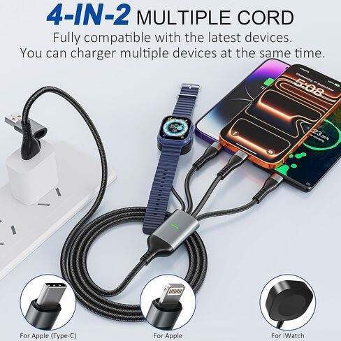 100W 4-in-2 Charging Cable: 10ft USB-C Cord (100W/10W), Includes MFi Magnetic Apple Watch Charger Compatible with iPhone 17/16/15, iPad, MacBook, Galaxy S24/S23 in Saudi Arabia