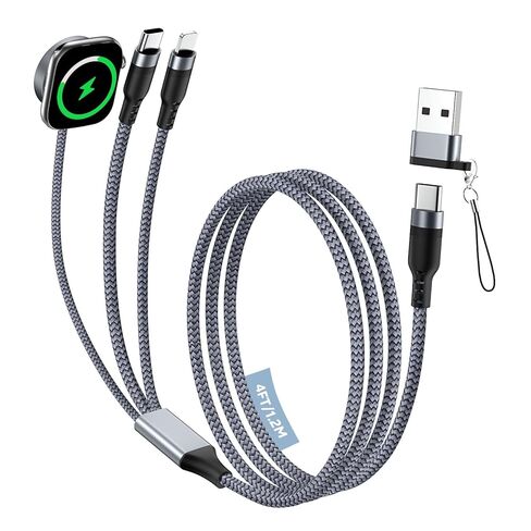 MoKo Travel Essentials for Apple Watch Charger, 3 in 2 Multi Charging Cable, USB C & Lighting & Watch Charge Cord Compatible with iPhone17/16/15 & iPad/iWatch Series, 4FT, Black in Saudi Arabia