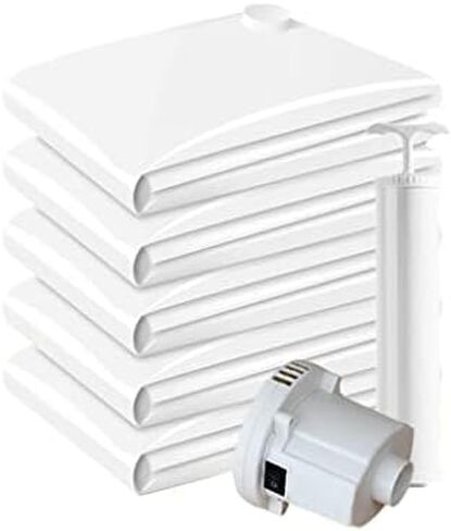 Thickened Vacuum Storage Bags with Valve - 5 Pack, 50x70cm, Durable Folding Compression Bags for Travel, Includes Electric Air Pump, White Border Design in Saudi Arabia
