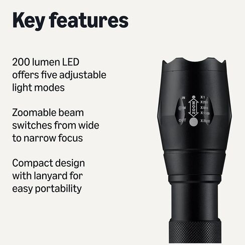 مصباح يدوي LED من Amazon Basics، 200 مصباح يدوي عالي التجويف، تركيز سطوع قابل للتعديل، أسود in Saudi Arabia