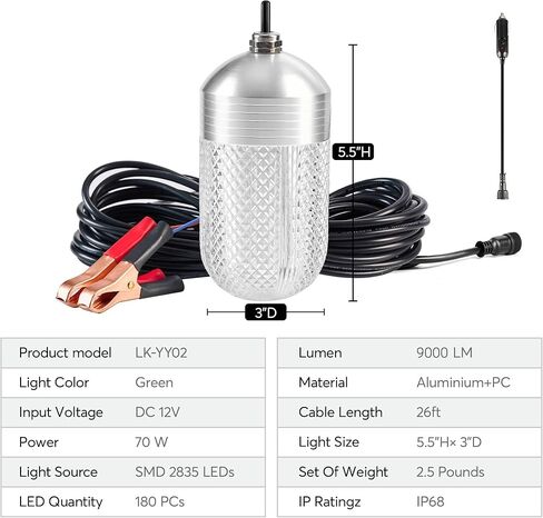 Underwater Fishing Light 70W 9000LM Green Light for Fishing IP68 12V High Brightness Fish Attracting Light for Docks, Boats or Kayaks,26ft Cable in Saudi Arabia