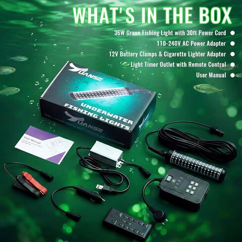Tuanse Green Underwater Fishing Light Kit with Timer Wireless Remote 36W 3500LM IP68 Submersible LED 3 Power Options (110V/12V/Car) 30ft Cable Night Fishing for Dock Boat Kayak Crappie Bass Attractor in Saudi Arabia