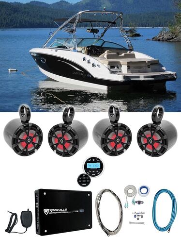 Rockville RKL80MB Bundle: (4) 8-in 450 Watt Black Marine Speakers w/LED, Krypton MF3 4-Ch 1600W Amplifier, (4) MAC80B 7.7-in Aluminum Pods, RGHR2 Bluetooth Receiver, RMWK4 Marine Amp Kit, 11-Items in Saudi Arabia