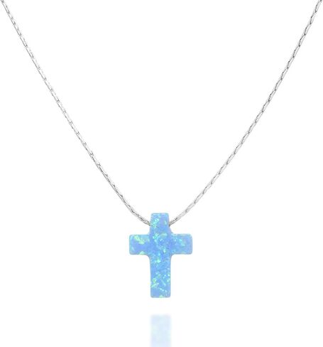 White Opal Cross On Thin Sterling Silver Choker Necklace - Designer Handmade Collar - Length: 13.5 inch + 3 inch Extender in Saudi Arabia