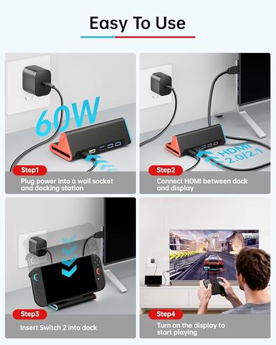 Switch 2 Dock - محول تلفزيون 4K - محطة إرساء محمولة لوحدة تحكم ألعاب Nintendo Switch2 الجديدة، مجموعة ملحقات موصل قاعدة حامل السفر (3 * منافذ USB 3.0، مدخل طاقة شحن PD من النوع C) in Kuwait