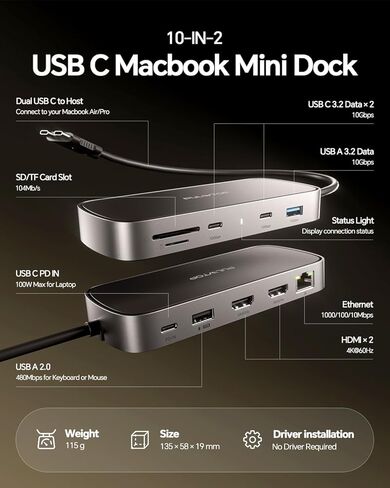 MacBook Pro Docking Station Dual Monitor 4K@60Hz for MacBook Pro/Air M5/M4/M3 Pro & Max, Mac Docking Station Dual Monitor, Macbook Pro Dock with 2HDMI,PD,Ethernet,USB A/C 10Gbps,SD/TF, USB 2.0 in Saudi Arabia