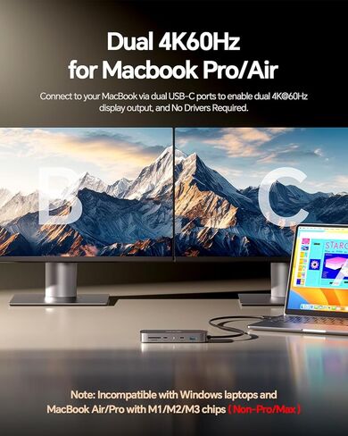 MacBook Pro Docking Station Dual Monitor 4K@60Hz for MacBook Pro/Air M5/M4/M3 Pro & Max, Mac Docking Station Dual Monitor, Macbook Pro Dock with 2HDMI,PD,Ethernet,USB A/C 10Gbps,SD/TF, USB 2.0 in Saudi Arabia
